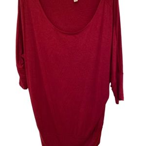 SIMLU Scoop Neck Batwing 3/4 Sleeves Solid Red Women’s Top